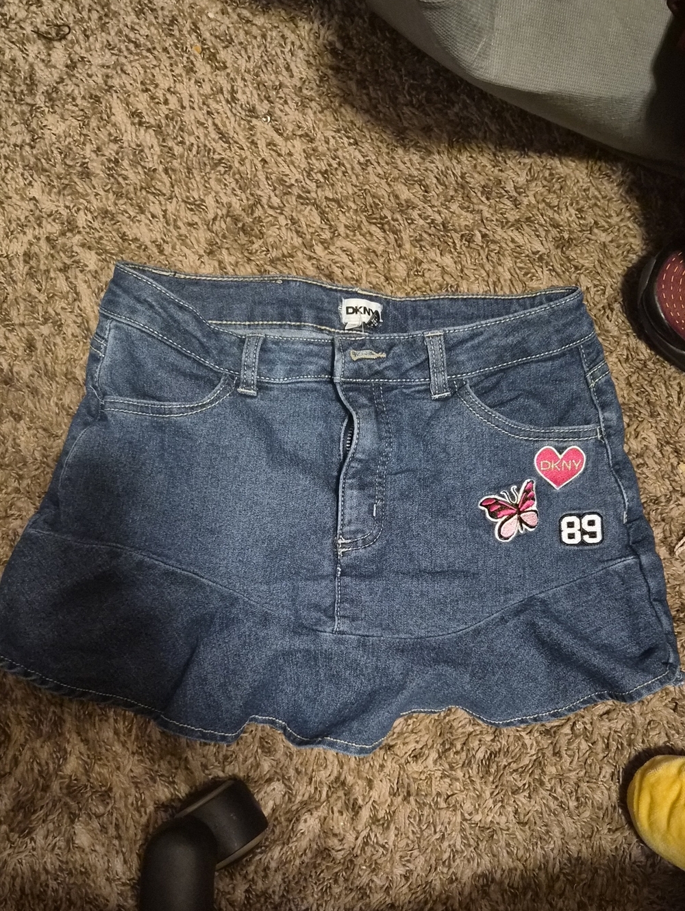 DKNY Blue Denim Mini Skirt with Heart, Butterfly & '89 Patches
